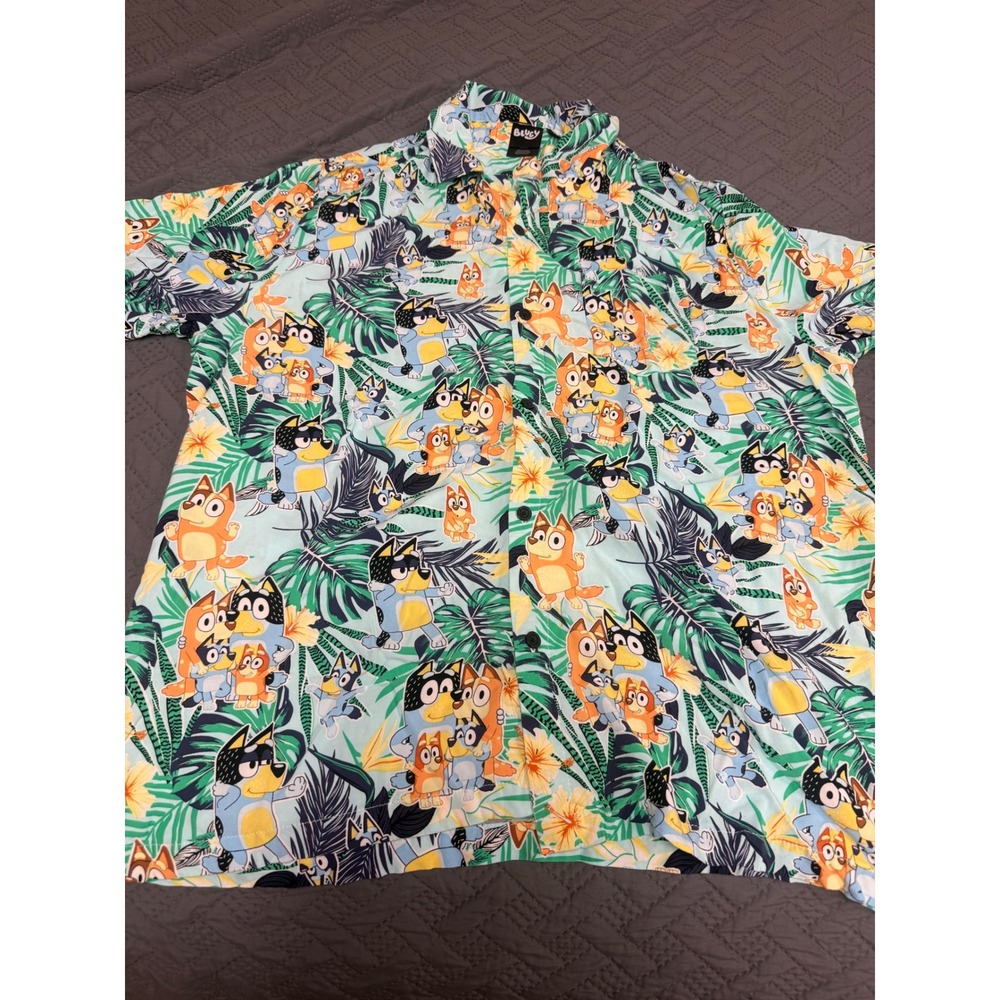 Bluey Men XXL Tropical Hawaiian Button Up Shirt Rayon Short Sleeve Bluey Family